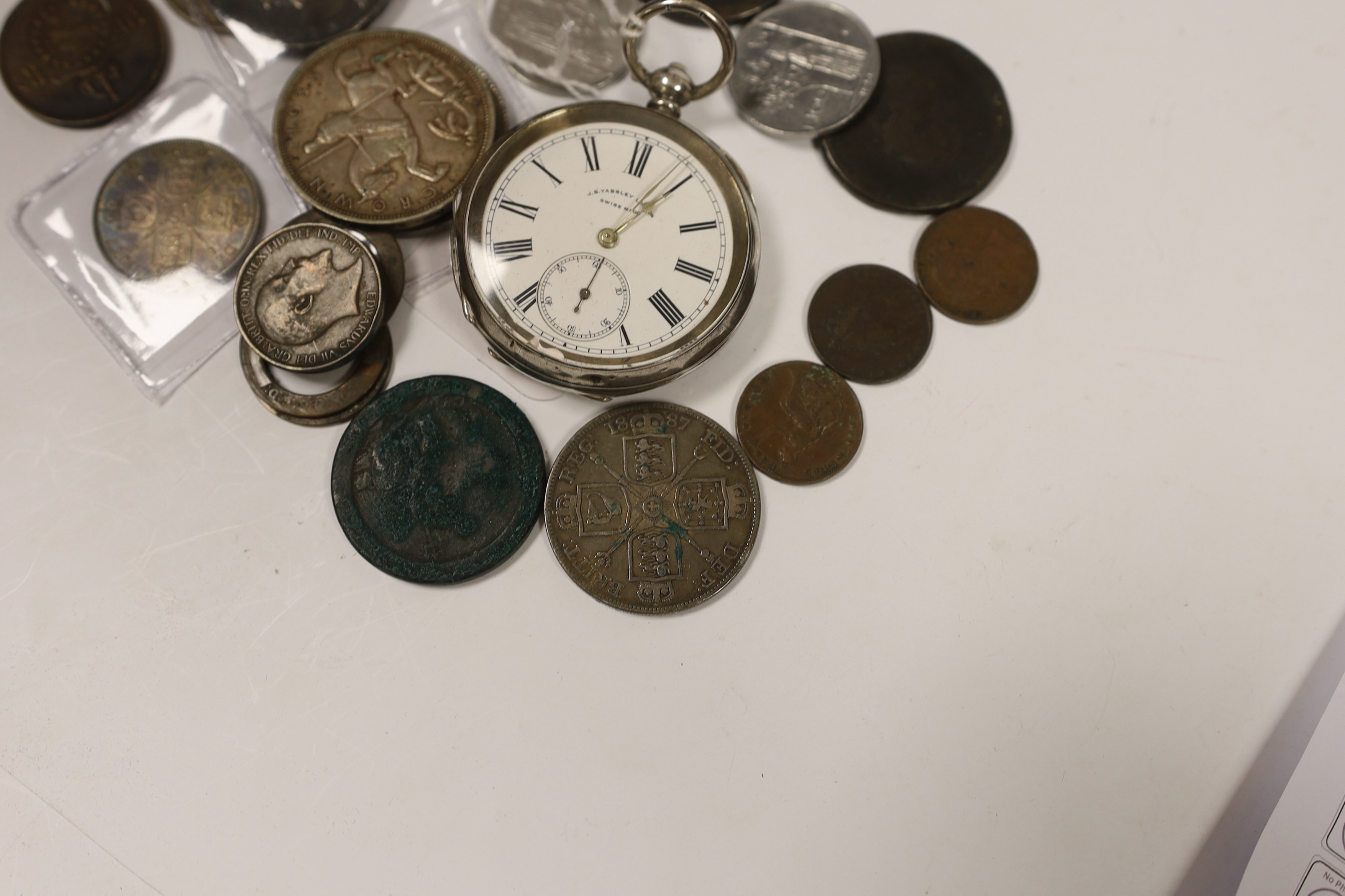 British silver coins, Victoria, two crowns, 1845, double florin 1887, florin 1887, halfcrown 1887 and other various crowns, together with a Swiss silver pocket watch